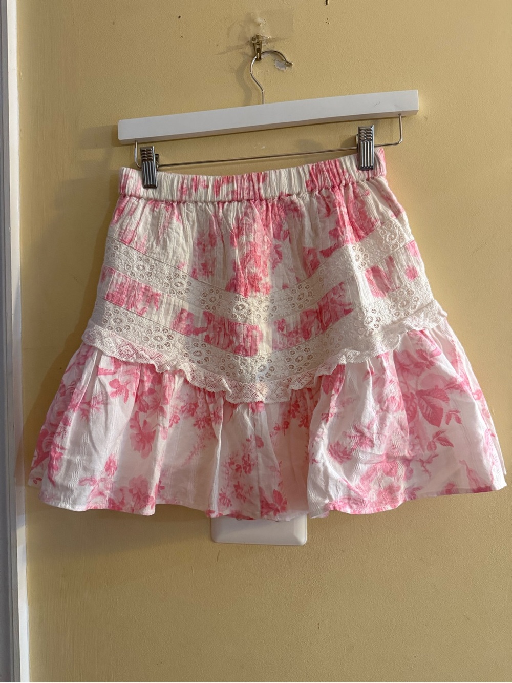 Love Shack Fancy Pink Floral Tiered Mini Skirt with Lace Trim, xsmall